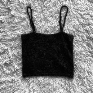 Black fuzzy crop tank top